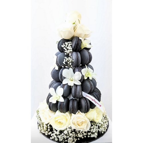 Black Macaron with White Roses & Baby Breath Tower (Medium)